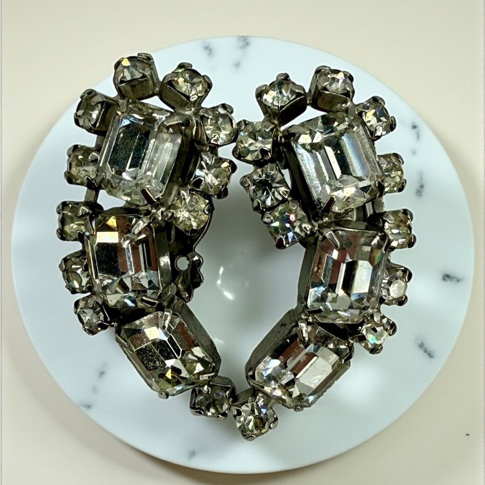 Vintage Rhinestone Crawler Clip-On Earrings Clear Crystal Art Deco Style